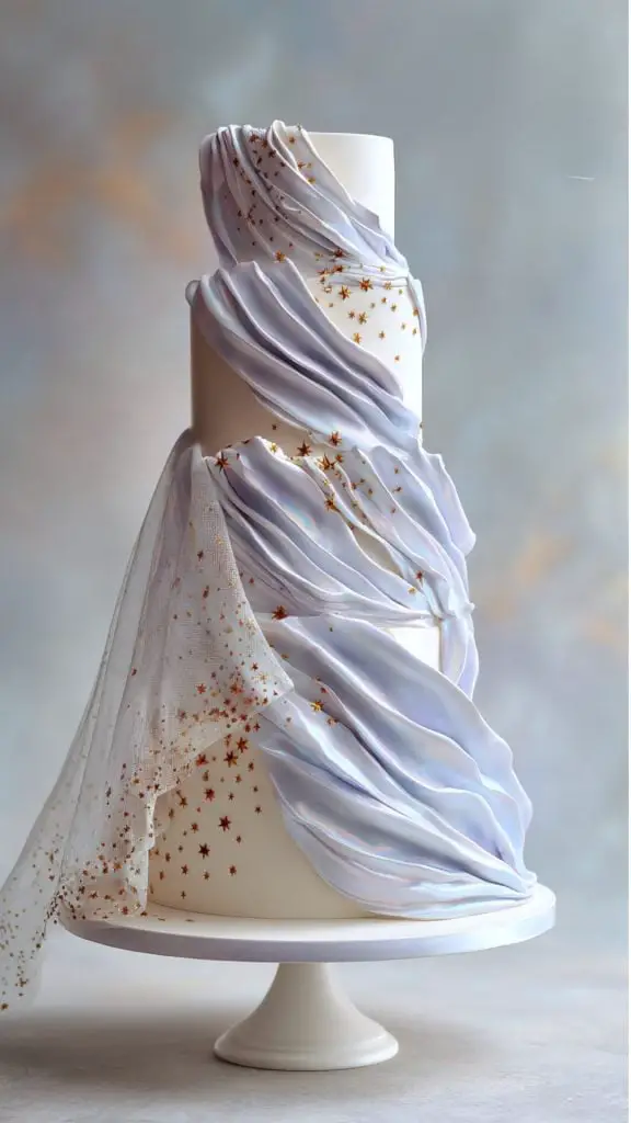 A three-tiered white cake draped with delicate, shimmery fabric-like icing and decorated with small gold stars—this elegant wedding cake is displayed on a white stand against a soft, pastel background.