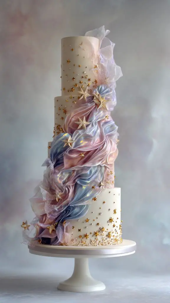 A tall, four-tiered luxury wedding cake adorned with gold stars and flowing pastel fondant in pink, purple, and blue creates a dreamy, ethereal effect. Perfect for elegant wedding cake inspiration, it sits on a white stand against a soft background.