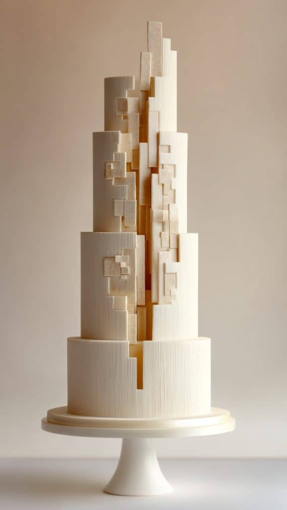 A tall, modern white cake with multiple tiers, decorated with geometric shapes and textured vertical lines for a striking architectural look—perfect for luxury wedding cake inspiration, displayed on a sleek white cake stand.