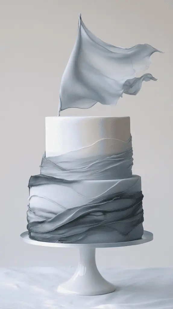 Artistic minimalist coastal opalite wedding cake with a smooth fondant base in pale blue and grey-blue hues
