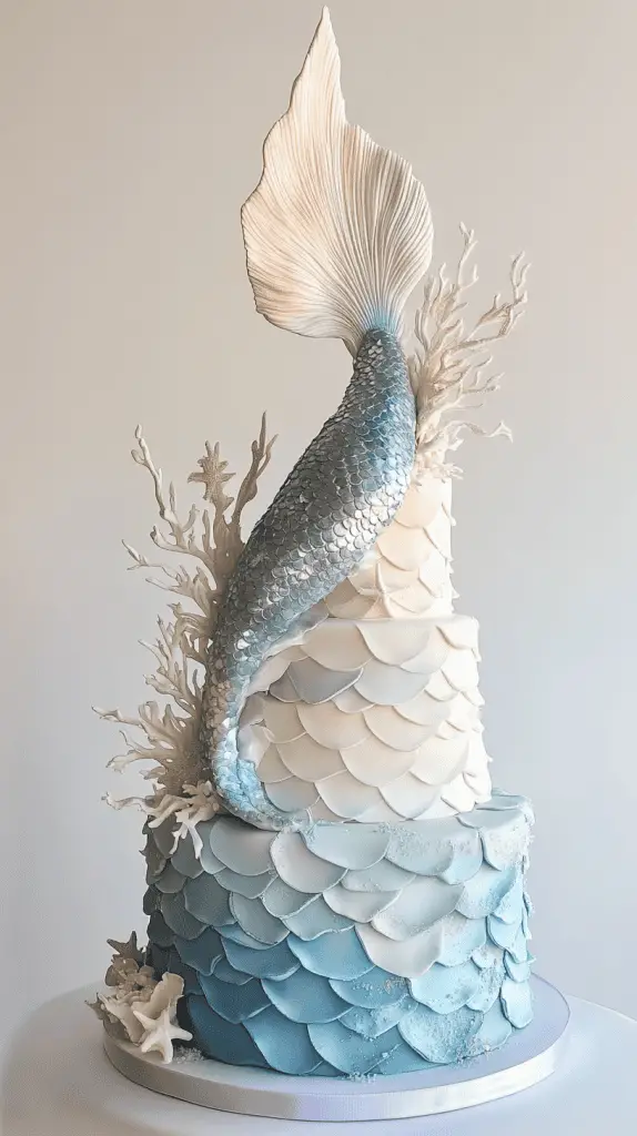 Bold iridescent opalite mermaid tail wedding cake with striking gradients of milky blues, pearlescent whites, and soft glowing opalite undertones.