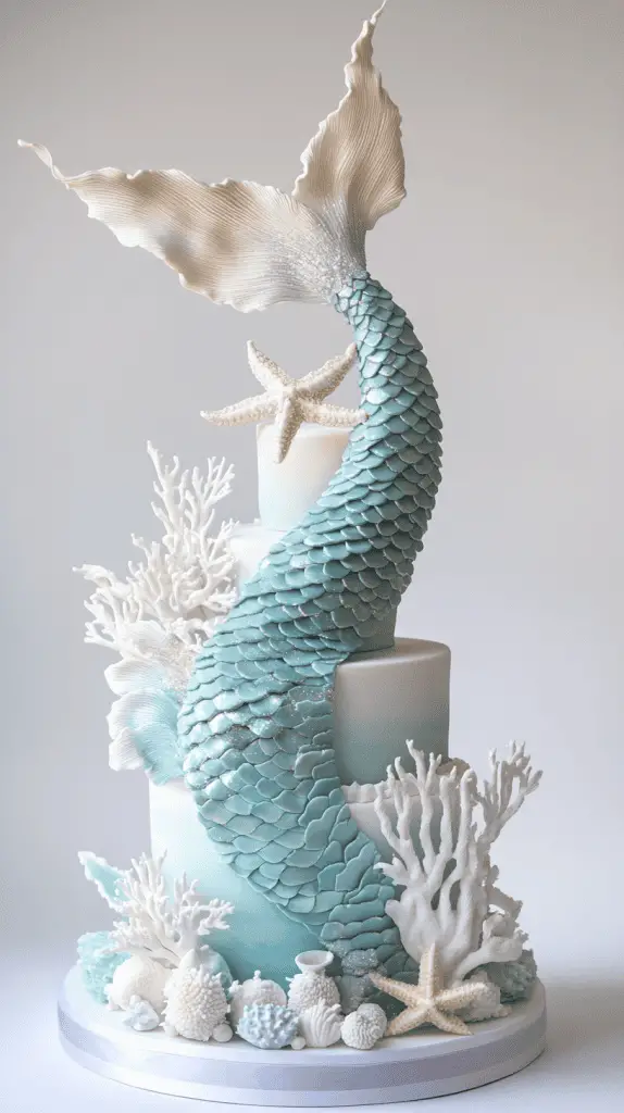 Bold iridescent opalite mermaid tail wedding cake with striking gradients of milky blues, pearlescent whites, and soft glowing opalite undertones.