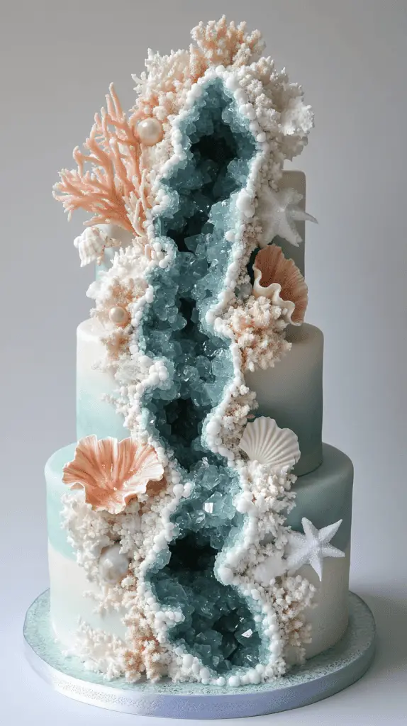 Bold underwater reef opalite geode wedding cake with a striking carved geode section showcasing high-shine
