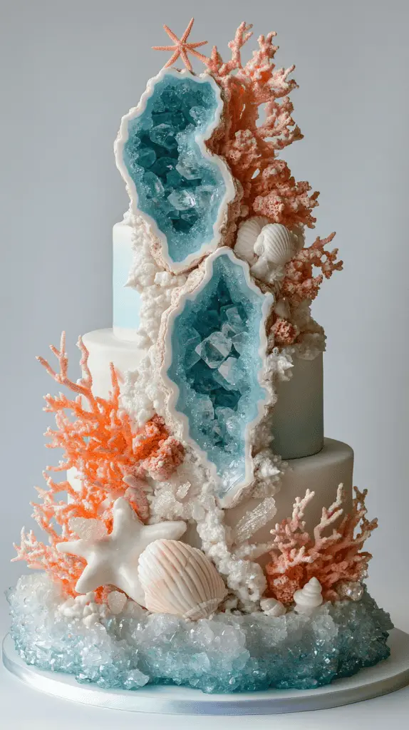 Bold underwater reef opalite geode wedding cake with a striking carved geode section showcasing high-shine