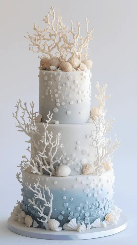 Sculptural tide pool opalite wedding cake featuring sharp, clean fondant surfaces in pale blue to seafoam ombre