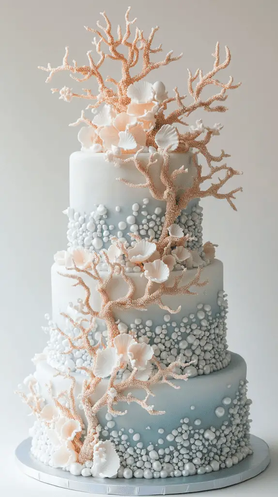 Sculptural tide pool opalite wedding cake featuring sharp, clean fondant surfaces in pale blue to seafoam ombre