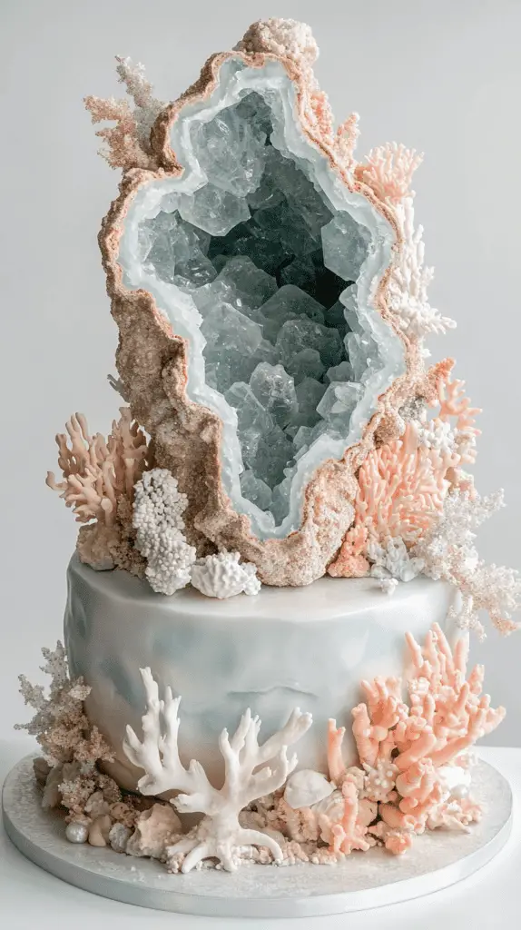 Bold underwater reef opalite geode wedding cake with a striking carved geode section showcasing high-shine
