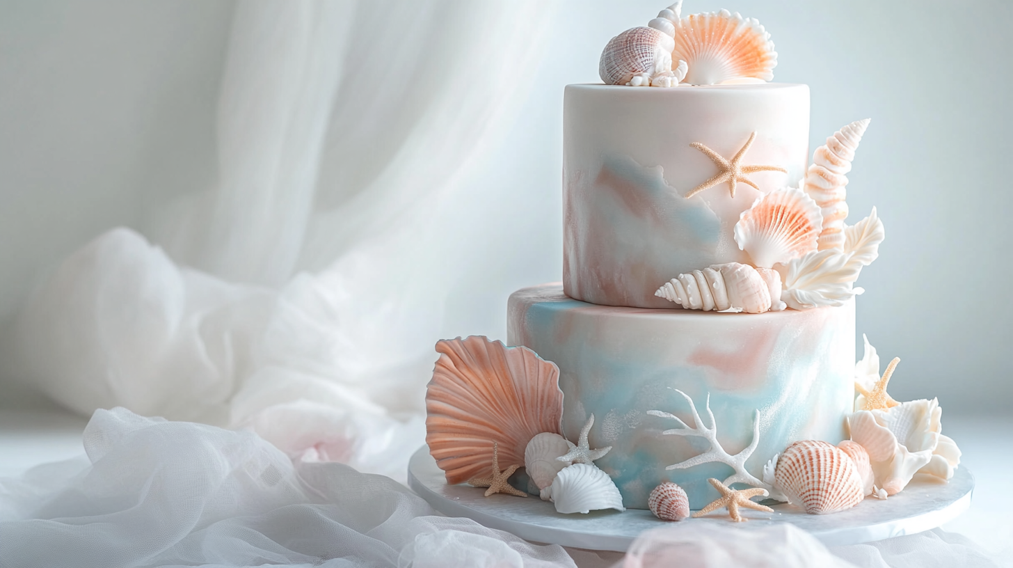 Elegant ocean opalite wedding cake emphasizing ethereal translucency and colour-shifting opalescent hues