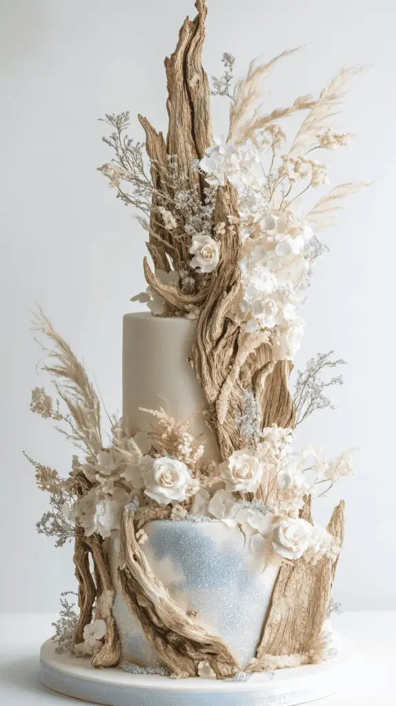 Modern minimalist coastal boho wedding cake with smooth cream and taupe fondant