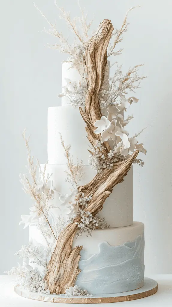 Modern minimalist coastal boho wedding cake with smooth cream and taupe fondant