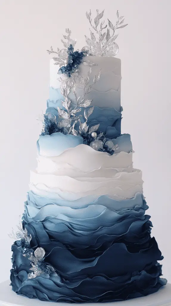 Modern sculptural ocean twilight opalite wedding cake with sharp, clean tiers featuring a dramatic indigo-to-pearl