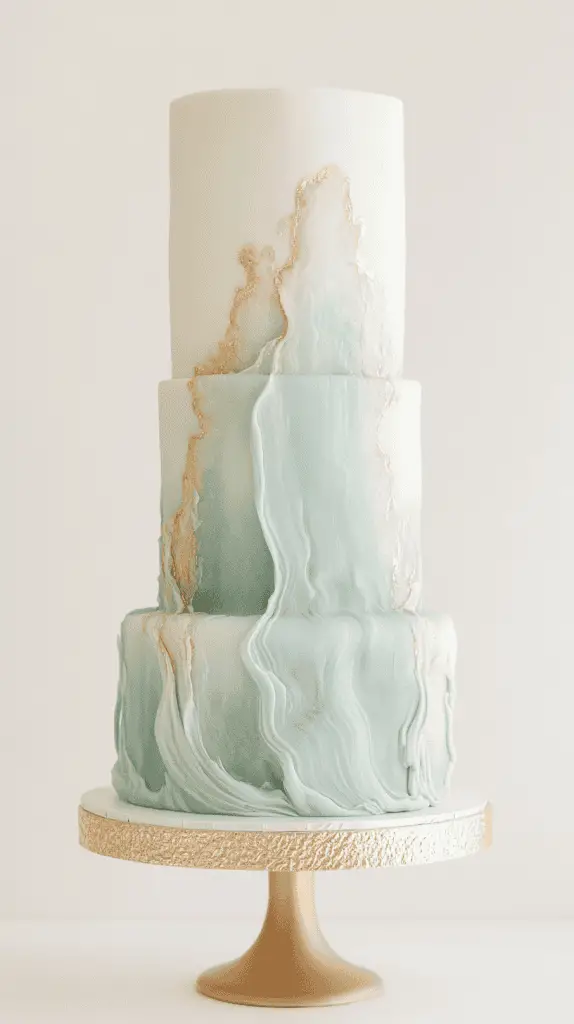 Artistic minimalist coastal opalite wedding cake with a smooth fondant base in pale blue and grey-blue hues