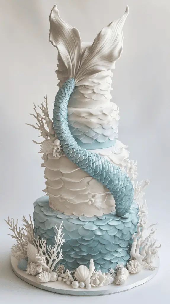 Bold iridescent opalite mermaid tail wedding cake with striking gradients of milky blues, pearlescent whites, and soft glowing opalite undertones.