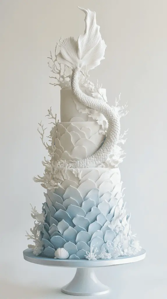 Bold iridescent opalite mermaid tail wedding cake with striking gradients of milky blues, pearlescent whites, and soft glowing opalite undertones.