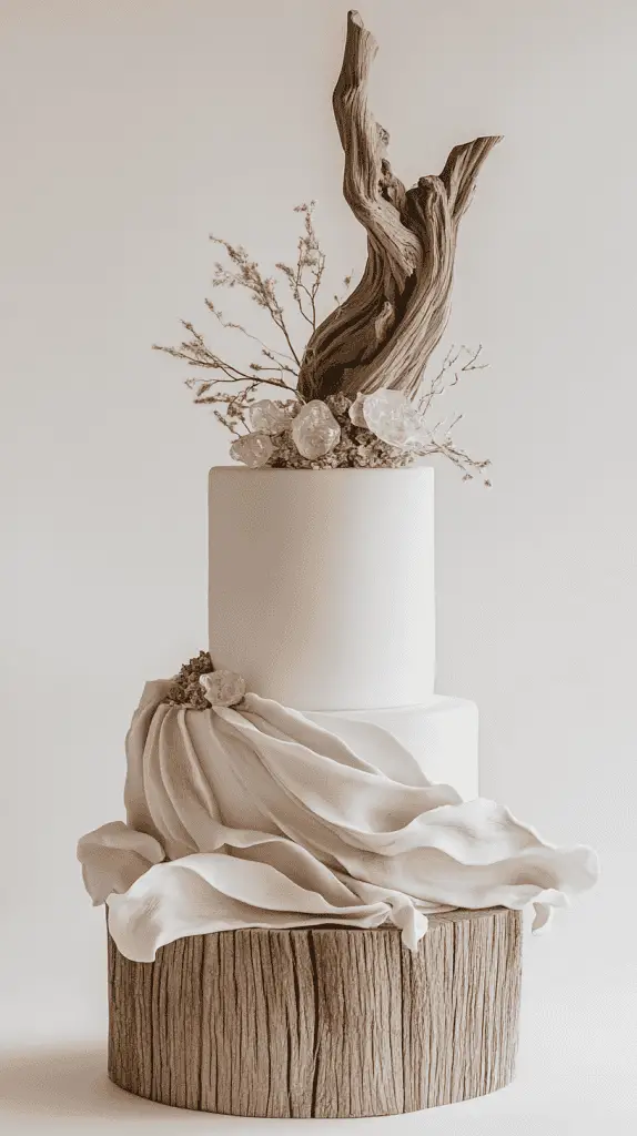 Modern minimalist coastal boho wedding cake with smooth cream and taupe fondant