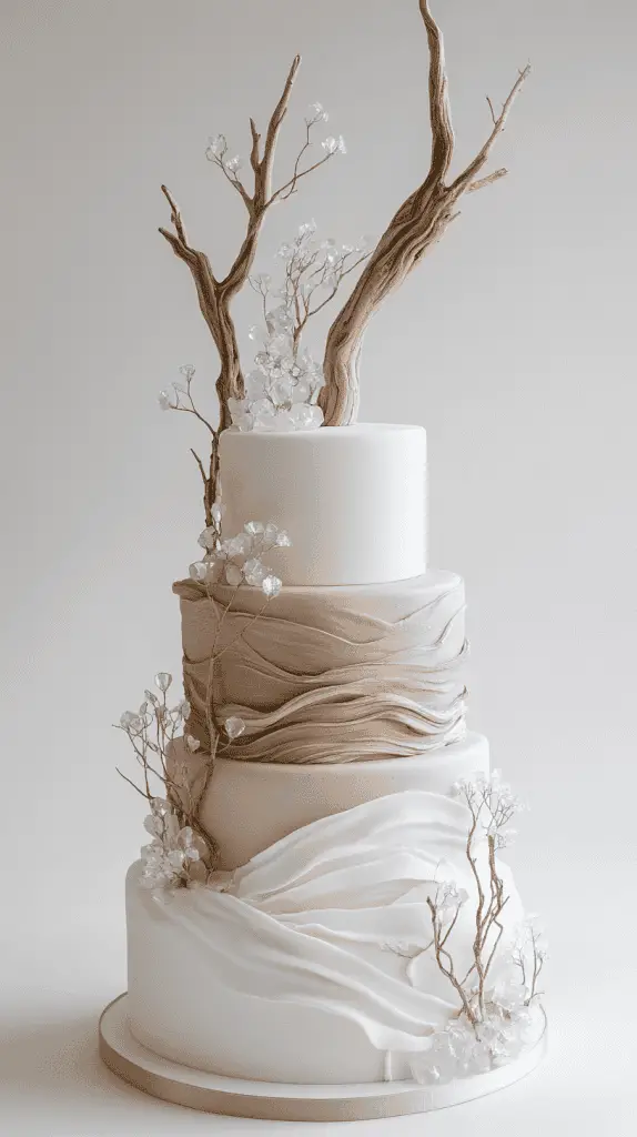 Modern minimalist coastal boho wedding cake with smooth cream and taupe fondant