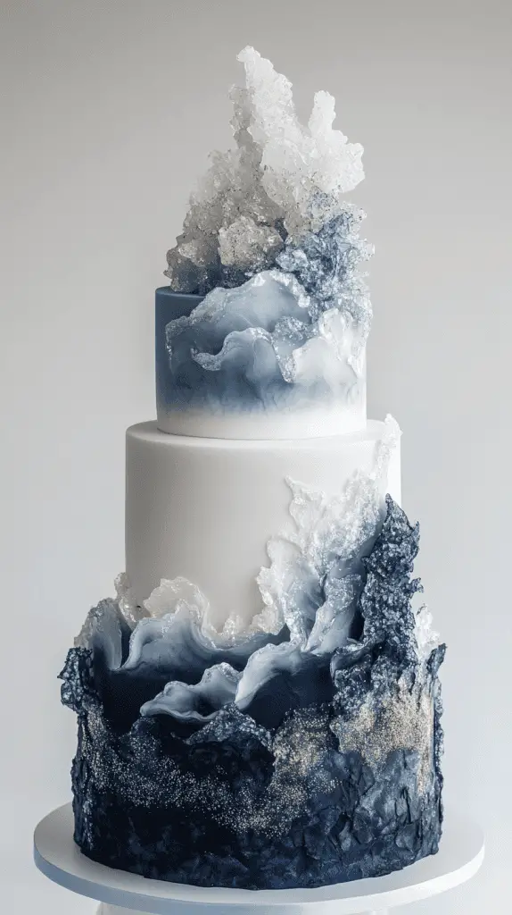 Modern sculptural ocean twilight opalite wedding cake with sharp, clean tiers featuring a dramatic indigo-to-pearl