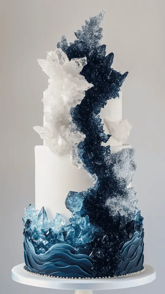Modern sculptural ocean twilight opalite wedding cake with sharp, clean tiers featuring a dramatic indigo-to-pearl