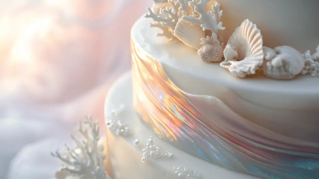Elegant ocean opalite wedding cake emphasizing ethereal translucency and colour-shifting opalescent hues