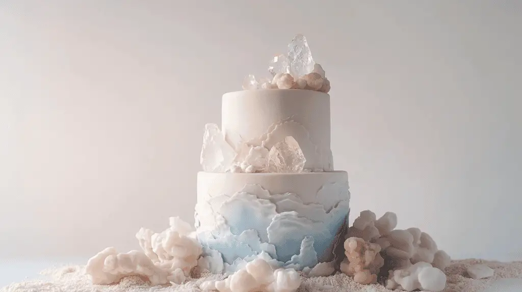 Elegant ocean opalite wedding cake emphasizing ethereal translucency and colour-shifting opalescent hues