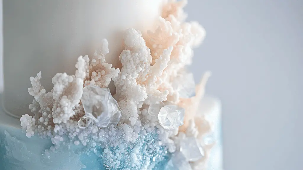 Elegant ocean opalite wedding cake emphasizing ethereal translucency and colour-shifting opalescent hues