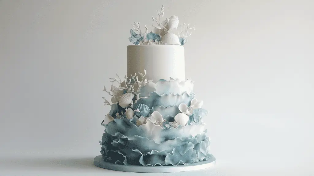 Elegant ocean opalite wedding cake emphasizing ethereal translucency and colour-shifting opalescent hues