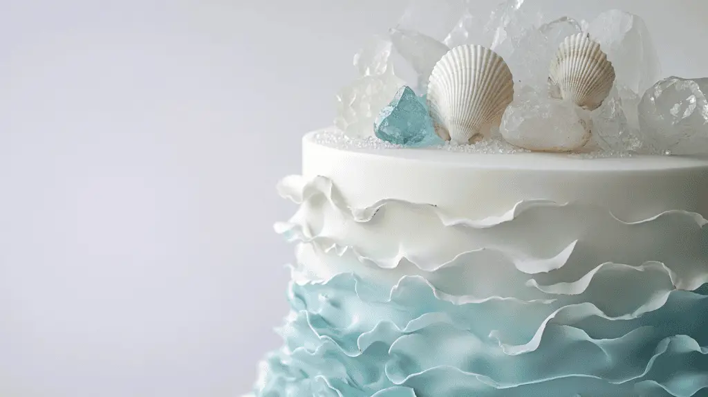 Elegant ocean opalite wedding cake emphasizing ethereal translucency and colour-shifting opalescent hues