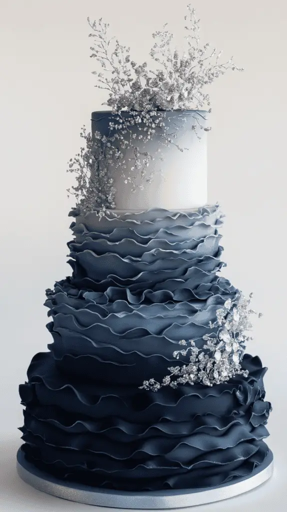 Modern sculptural ocean twilight opalite wedding cake with sharp, clean tiers featuring a dramatic indigo-to-pearl