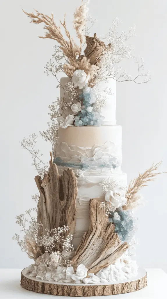 Modern minimalist coastal boho wedding cake with smooth cream and taupe fondant