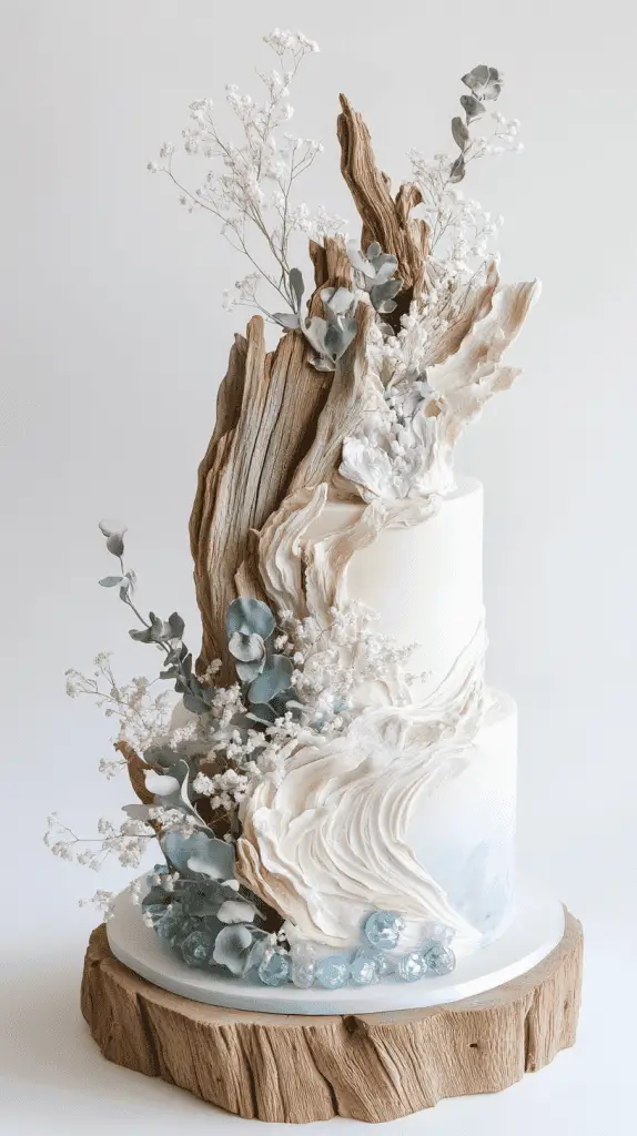 Modern minimalist coastal boho wedding cake with smooth cream and taupe fondant