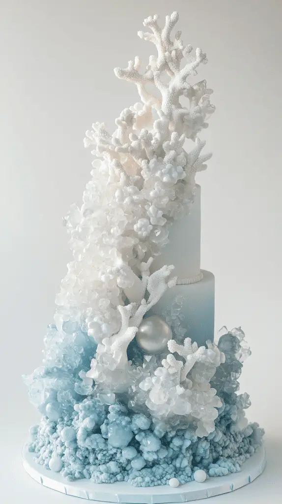 Sculptural tide pool opalite wedding cake featuring sharp, clean fondant surfaces in pale blue to seafoam ombre