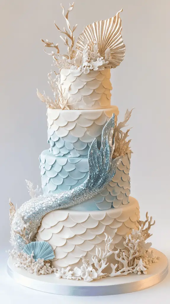 Bold iridescent opalite mermaid tail wedding cake with striking gradients of milky blues, pearlescent whites, and soft glowing opalite undertones.