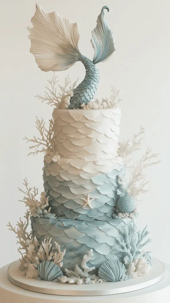 Bold iridescent opalite mermaid tail wedding cake with striking gradients of milky blues, pearlescent whites, and soft glowing opalite undertones.