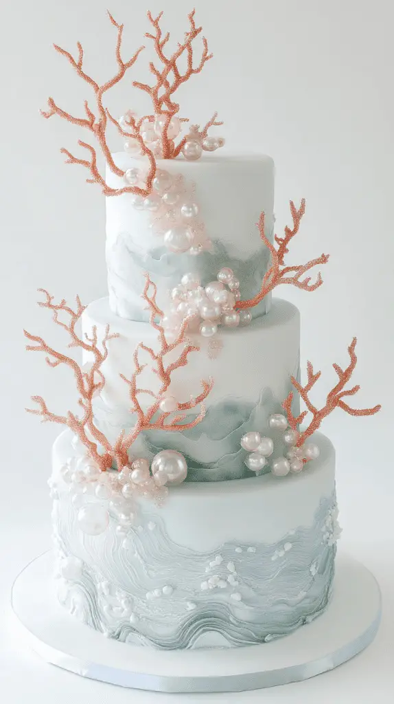 Sculptural tide pool opalite wedding cake featuring sharp, clean fondant surfaces in pale blue to seafoam ombre