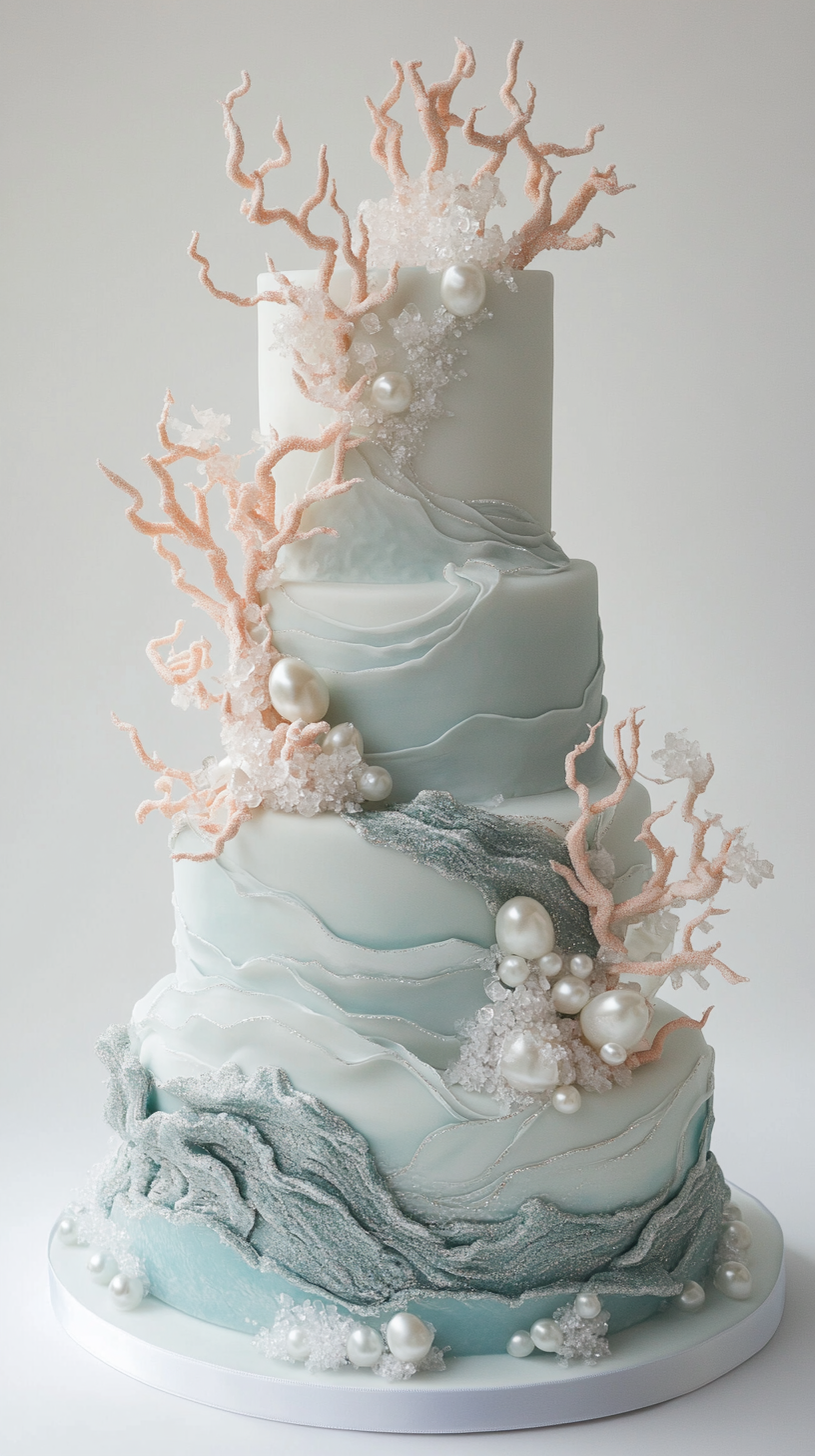 Sculptural tide pool opalite wedding cake featuring sharp, clean fondant surfaces in pale blue to seafoam ombre