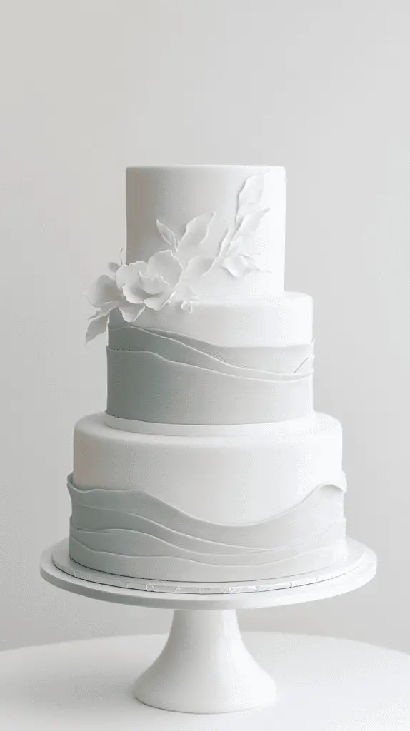 Artistic minimalist coastal opalite wedding cake with a smooth fondant base in pale blue and grey-blue hues