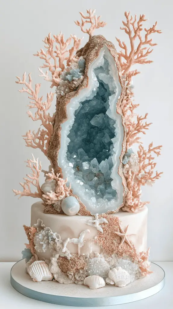 Bold underwater reef opalite geode wedding cake with a striking carved geode section showcasing high-shine