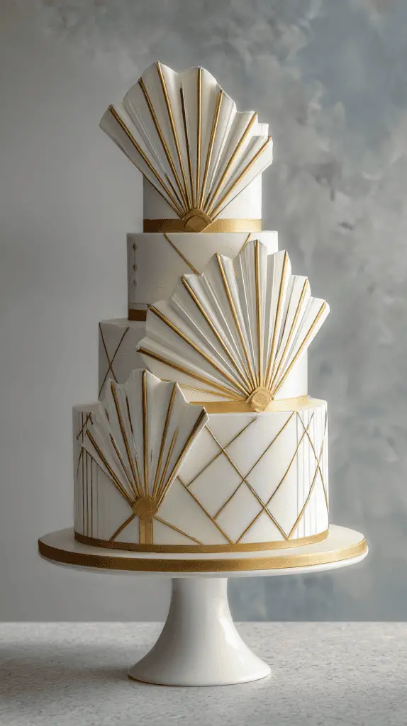 A three-tiered white luxury wedding cake on a pedestal, decorated with geometric gold lines and large, fan-shaped gold and white accents, in an Art Deco style.