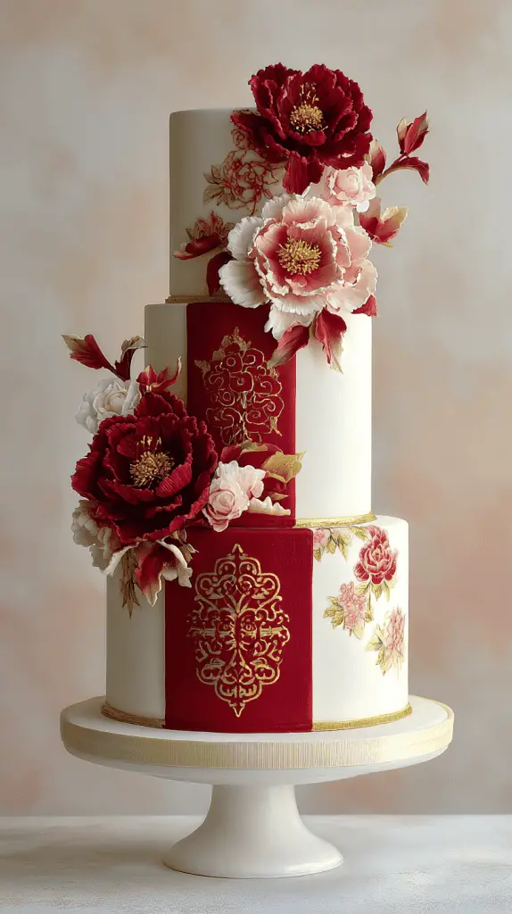 A three-tiered white Luxury Wedding Cake decorated with red and gold floral patterns, large red and pink sugar flowers, and elegant gold embellishments on a white cake stand. Perfect for couples seeking Elegant Wedding Cakes.