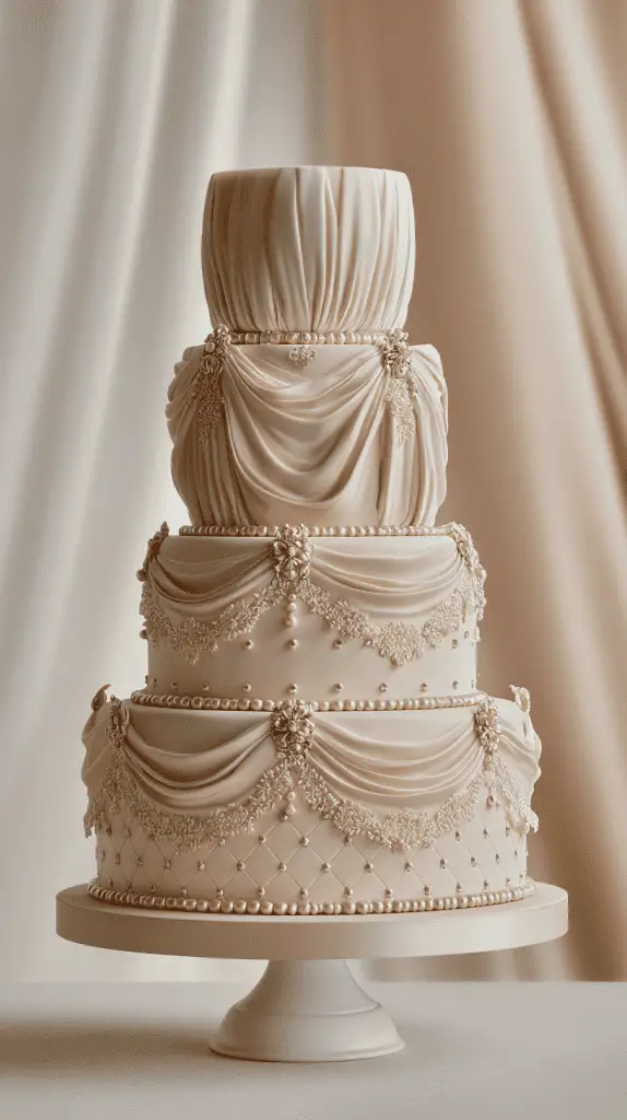 A three-tiered luxury wedding cake decorated with elegant ivory fondant drapes, intricate piping, and pearl-like accents, set on a white cake stand against a soft, neutral background—perfect wedding cake inspiration.