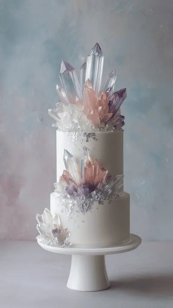 Two-tiered white luxury wedding cake adorned with colorful, translucent sugar crystals resembling gemstones, set on a white cake stand against a soft, pastel background—perfect for those seeking elegant wedding cakes and wedding cake inspiration.