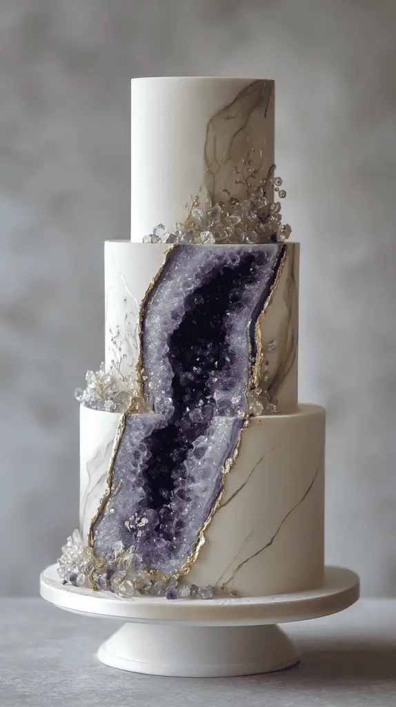 A three-tiered white cake decorated with a realistic amethyst geode design, featuring deep purple crystals, gold accents, and marbled patterns—perfect wedding cake inspiration for those seeking elegant wedding cakes.