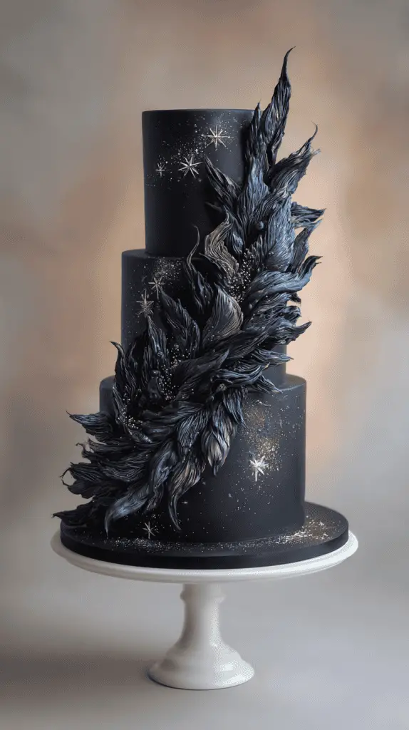 A three-tiered black luxury wedding cake decorated with shimmering stars and a dramatic cascade of textured, feather-like icing in shades of blue, purple, and silver, displayed on a white cake stand.