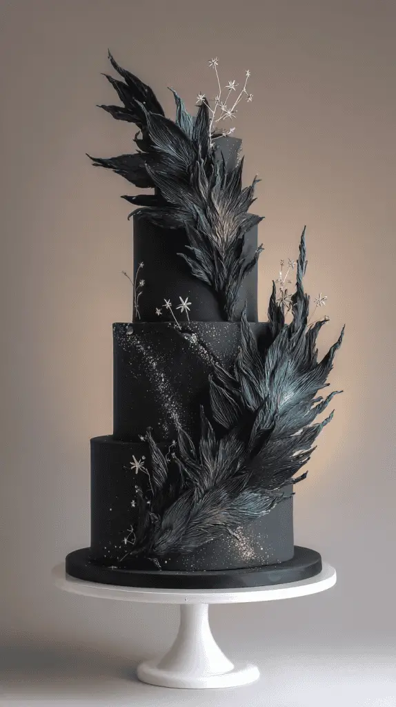 A four-tier black Luxury Wedding Cake decorated with dramatic, large feather-like edible designs in dark blue and green hues, accented with small white sugar star decorations, displayed on a white cake stand.