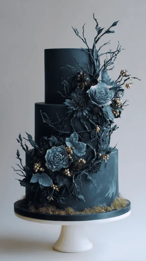 A three-tiered dark blue Luxury Wedding Cake decorated with realistic teal flowers, gold berries, and black branches, set on a white stand with green moss around the base.
