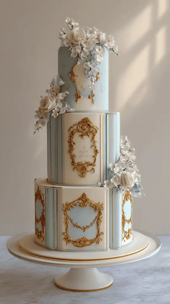 A luxury wedding cake, this three-tiered pastel blue and ivory creation features gold ornate decorations and white floral accents, elegantly displayed on a white cake stand against a neutral background.