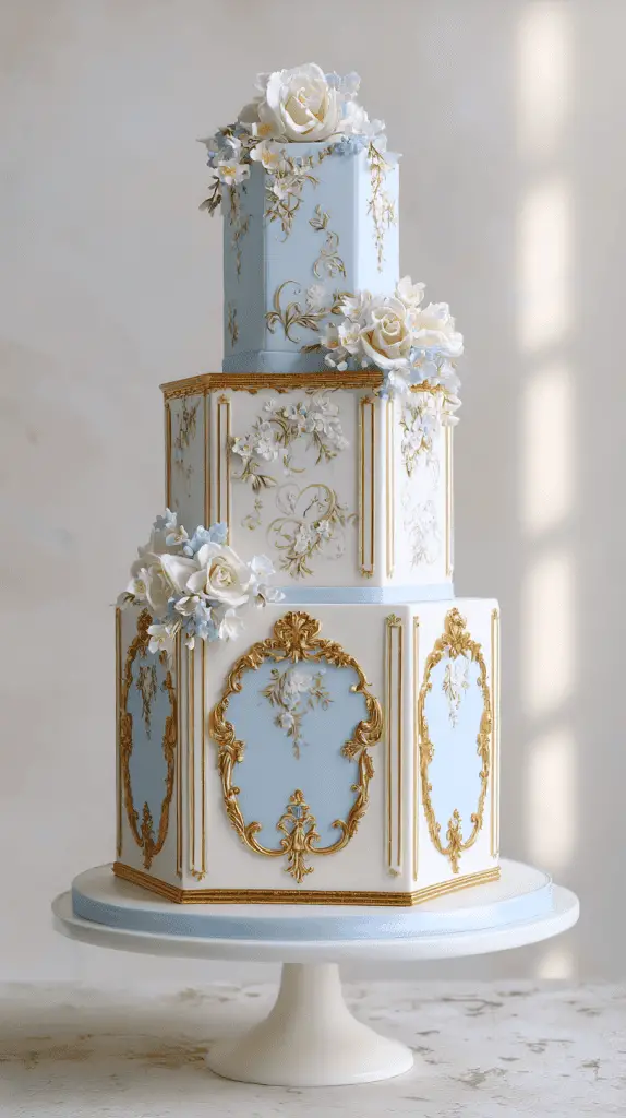 An elegant wedding cake, this three-tiered creation features light blue and white icing, ornate gold detailing, and realistic sugar flowers, beautifully displayed on a white cake stand against a softly lit background.