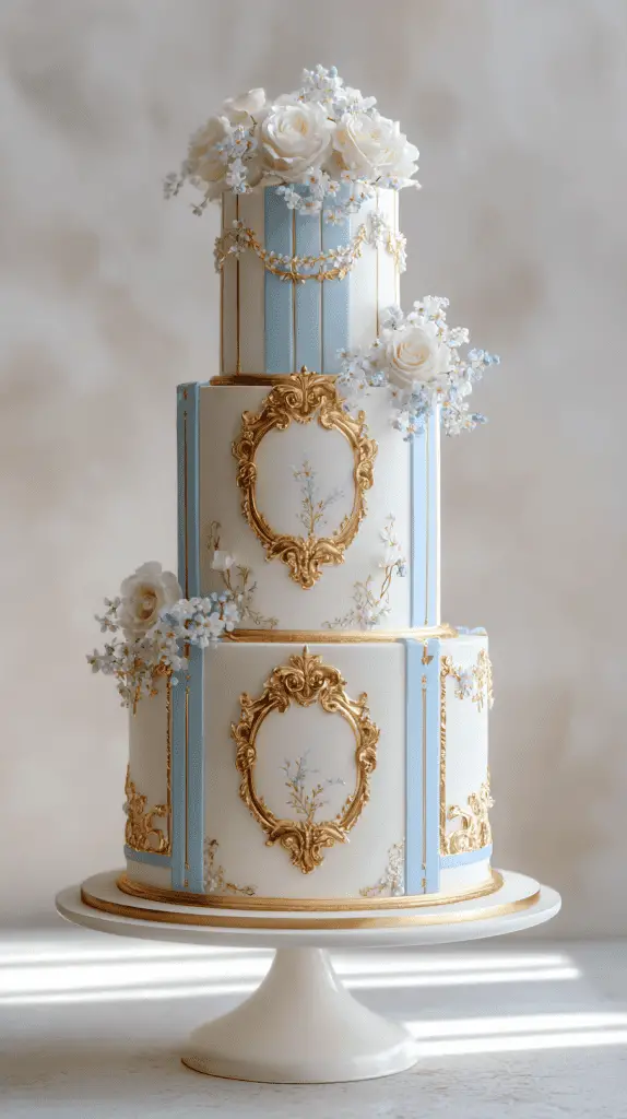 A three-tiered, ornate luxury wedding cake with gold frames and blue detailing, decorated with white roses and delicate flowers, displayed on a white cake stand against a soft background. Perfect wedding cake inspiration.