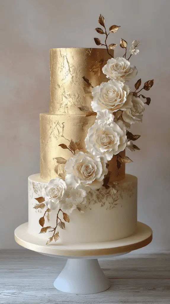 A three-tiered Luxury Wedding Cake with gold accents, decorated with white and ivory sugar roses and gold leaves cascading down the side, displayed on a white cake stand.