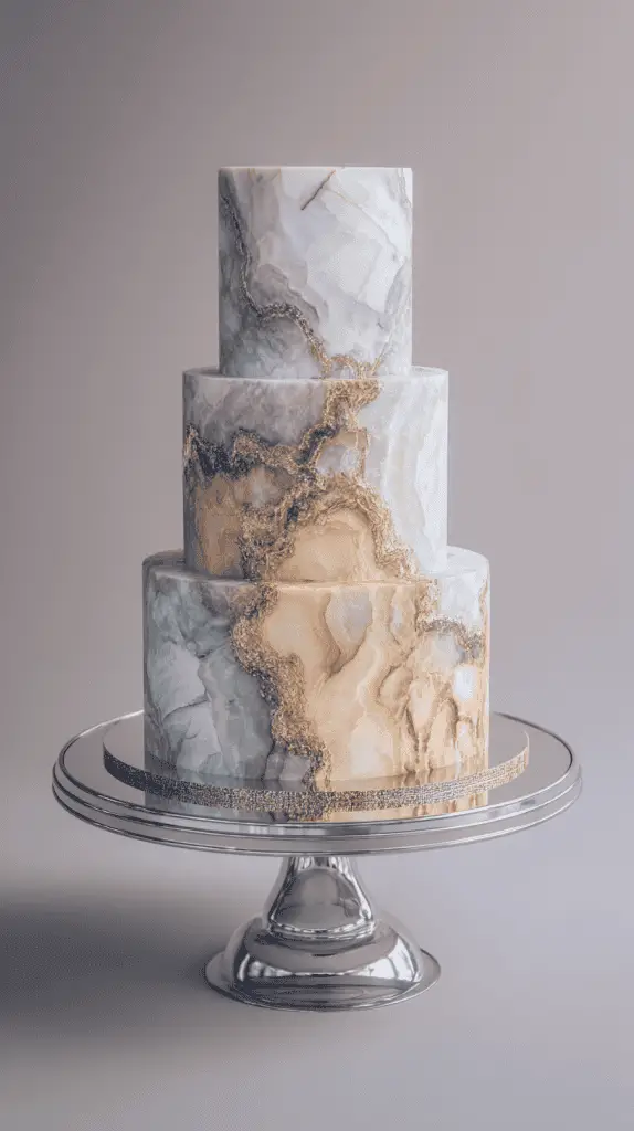 A three-tiered luxury wedding cake with a marble-like design in shades of grey, white, and gold, featuring intricate gold veining, displayed on a shiny silver cake stand against a plain background.